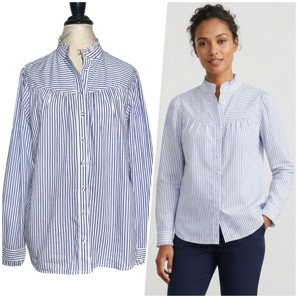 J. Crew | Women | Ruffle Trim Stripe Cotton Poplin LS Button Up Shirt | Large